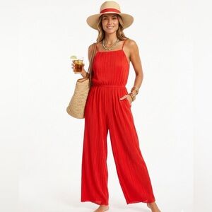 HD Her Destiny Red Pleated Wide Leg Jumpsuit Tie Waist Sleeveless Size M